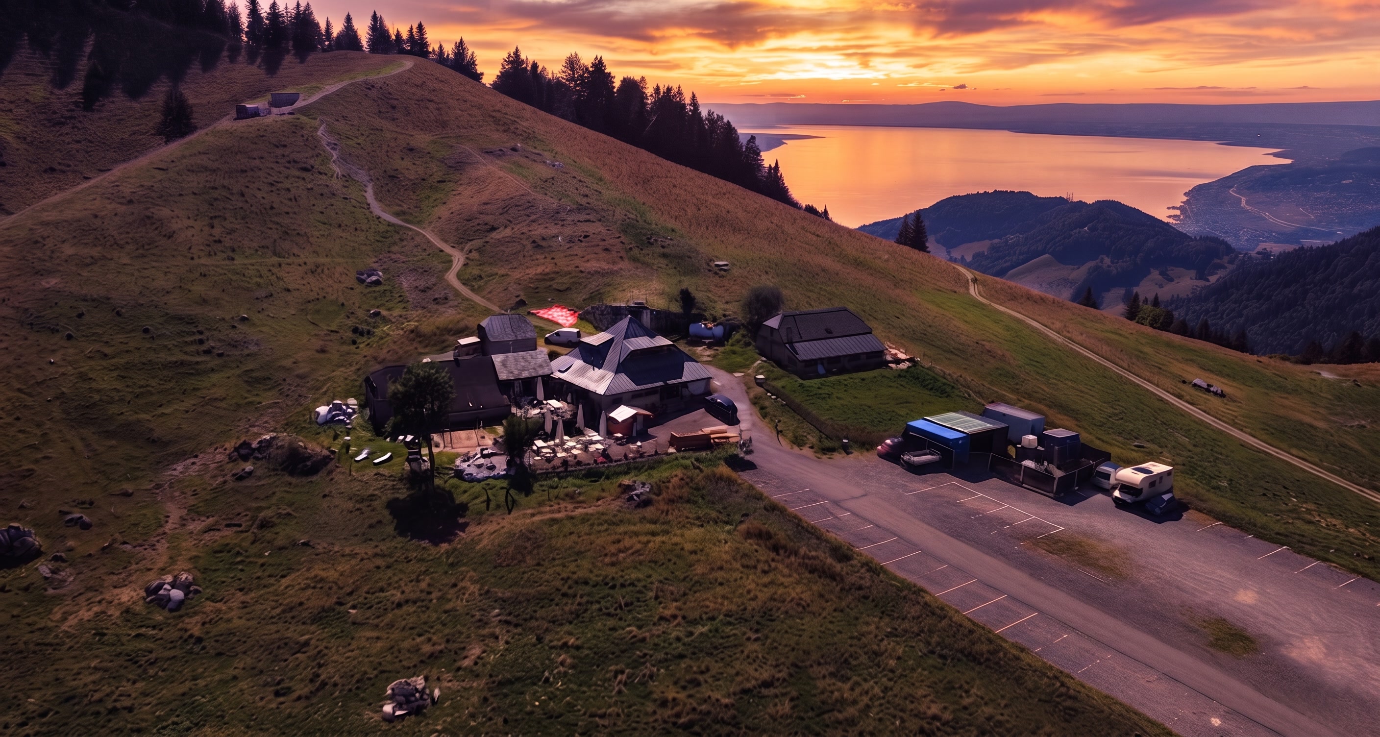 Vue aérienne du Manoïre au coucher du soleil, Col de Jaman face au lac Léman